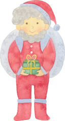 水彩タッチのかわいいクリスマスのサンタクロースがプレゼントを渡すベクターイラスト