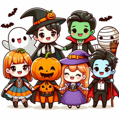 Halloween kids group. Cute cartoon characters. Vector illustration.