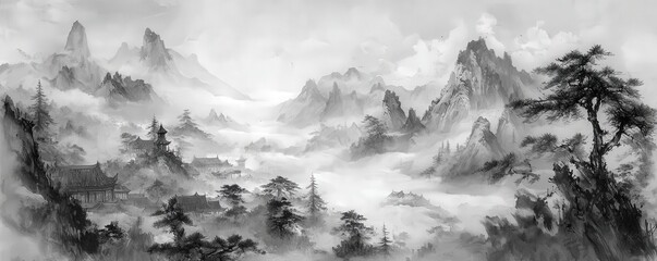 Obraz premium Panoramic Chinese ink landscape painting with intricate mountain ranges shrouded in mist, featuring pine trees and traditional architecture.