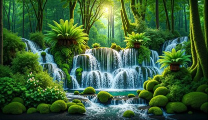Majestic Waterfall Oasis in Lush Tropical Rainforest Paradise