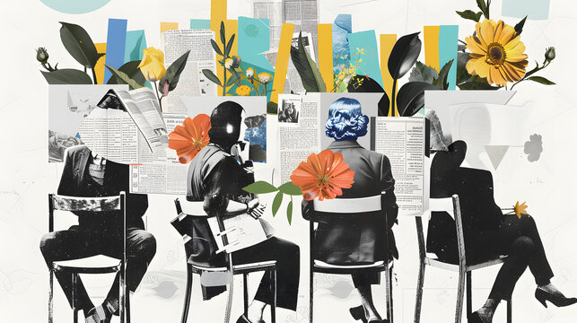 Illustrated Group Sitting with Magazine Faces - Powered by Adobe
