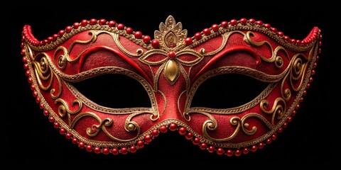 A solitary red mask adorned with intricate trim sits serenely on a plain black background, its vibrant hue
