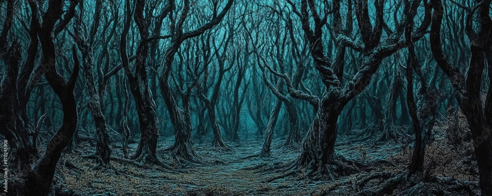 Poster mysterious forest with dark, twisted trees creates an eerie and enchanting atmosphere, perfect for f