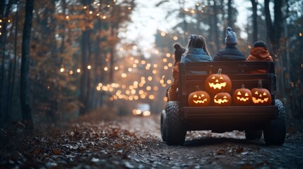 Family enjoying a spooky Halloween hayride glowing jack-o-lanterns