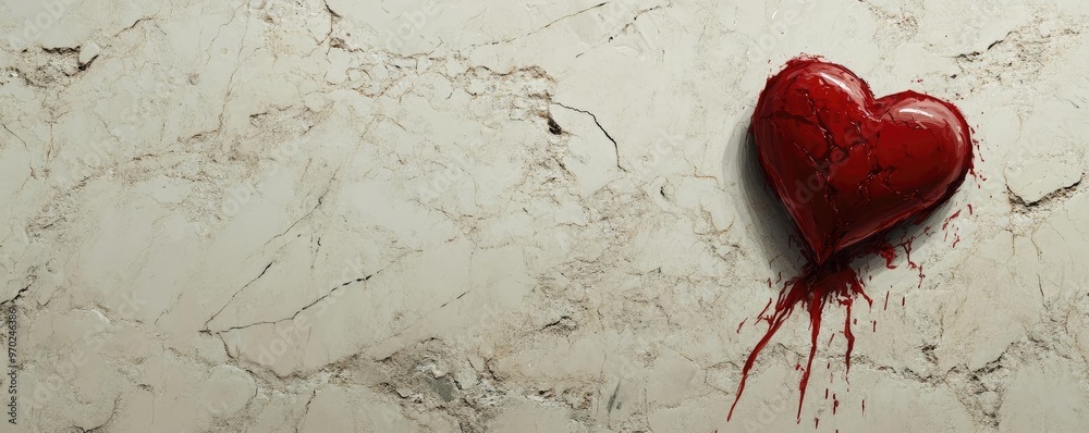 Poster a vivid red heart with a glossy finish, bleeding onto a textured white marble surface, evoking emoti