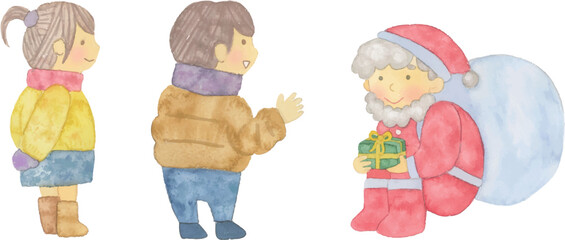 水彩タッチのかわいいクリスマスのサンタクロースと子供のワンシーンのベクターイラスト