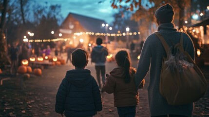 Family exploring a spooky haunted house attraction eerie lighting