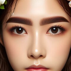 Naklejka premium Face of young woman with painted brown eyebrows, closeup view.
