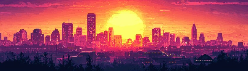 Obraz premium Pixel art skyline with a radiant sun setting behind skyscrapers, casting a warm glow over the city in a serene 8-bit sunset scene.