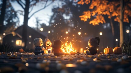 Family gathered for a Halloween bonfire spooky ghost stories being told