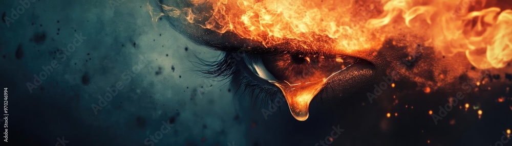 Poster a dramatic close-up of an eye with flames and tears, symbolizing passion and inner turmoil in a stri