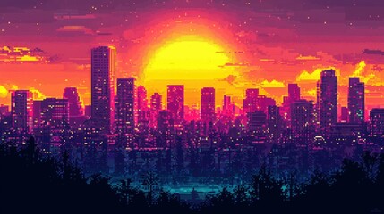 Fototapeta premium Pixelated skyline with a vibrant sunset setting behind skyscrapers, infusing the city with a warm, 8-bit glow and a serene ambiance.