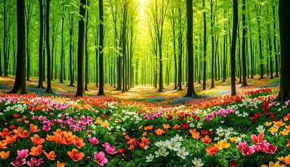 Enchanted Forest Path with Vibrant Wildflower Carpet and Sunlit Trees
