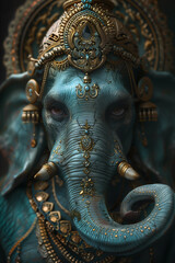 Obraz premium Majestic close-up of a blue Ganesha statue with ornate golden details