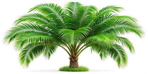 Obraz premium A tropical oasis emerges, with a small, lush palm tree sporting vibrant green fronds, set against a crisp