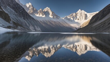 serene mountain landscape, crystal-clear lake, lake reflecting mountains, snow-covered peaks, mountain scenery, tranquil nature, peaceful mountains, alpine landscape, lake reflection, scenic mountain 