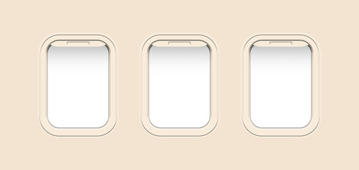 Airplane windows, view from inside cabin with beige sidewall