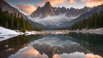 serene mountain landscape, crystal-clear lake, lake reflecting mountains, snow-covered peaks, mountain scenery, tranquil nature, peaceful mountains, alpine landscape, lake reflection, scenic mountain 