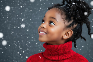 African girl wearing red knit sweater with copy space for christmas background