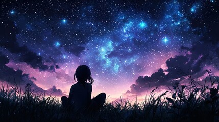 Anime girl sitting calmly beneath a twilight sky, with a dazzling tapestry of stars and the infinite cosmos creating a tranquil, celestial backdrop.