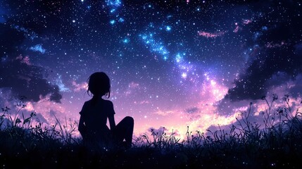 Fototapeta premium Anime girl sitting calmly beneath a twilight sky, with a dazzling tapestry of stars and the infinite cosmos creating a tranquil, celestial backdrop.