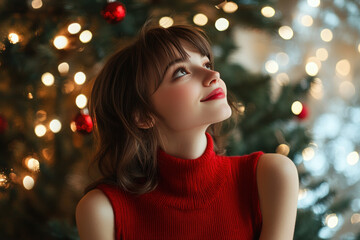 French girl wearing red knit sweater with copy space for christmas background