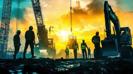 Sunset at a construction site with darkened figures of workers and machinery contrasted against a vibrant orange sky, capturing an active and dynamic scene.