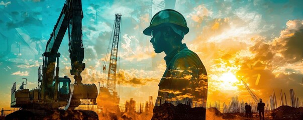 Active construction site at dusk, featuring worker silhouettes and heavy machinery outlined against a warm, orange sunset sky.