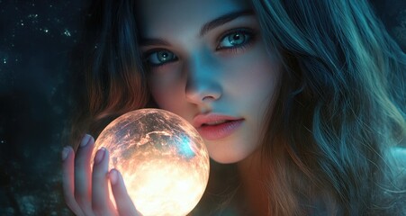 Naklejka premium A young woman with long flowing hair holds a glowing orb in her hand, her eyes focused intently on the viewer.