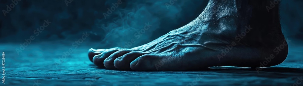 Poster a close-up of a human foot displaying intricate textures and details, set against a mysterious smoky