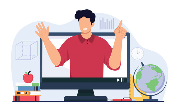 Male teacher conduct lessons online for school pupils or university students. Concept of learning, advanced training, or teaching methodology. Vector illustration.