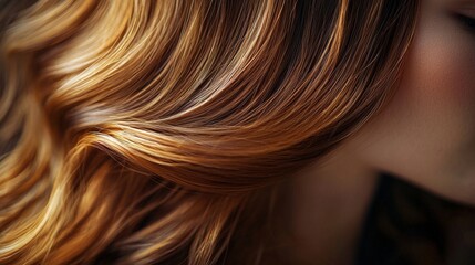 Fototapeta premium Flowing layers of hair with a sleek, glossy texture and warm highlights, exuding sophistication and richness for beauty-related visuals.