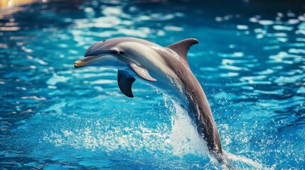 Dolphin jumping out of the water in bright sunlight, aquatic life concept