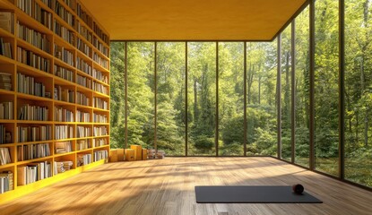A minimalist room with a large window overlooking a lush forest, featuring a yoga mat, a bookshelf filled with books, and a wooden floor.