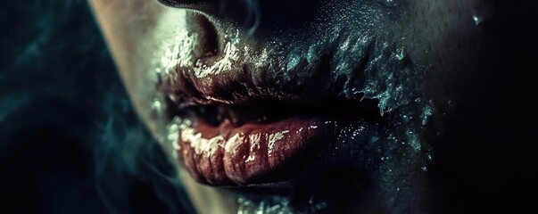 Obraz premium Close-up of a dramatic, artistic portrait featuring unique textures and deep shadows on lips, creating an intense and haunting mood.