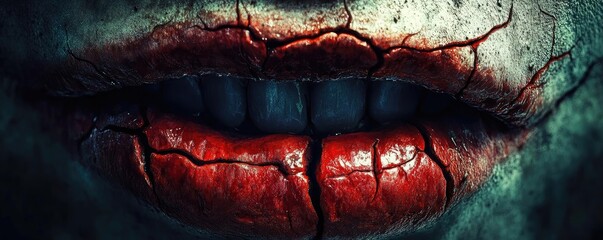 A haunting image of cracked lips stained with blood, evoking a sense of horror and mystery, perfect for themed projects.