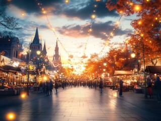 Fototapeta premium Festive town square families in Halloween costumes shopping at market stalls selling spooky trinkets