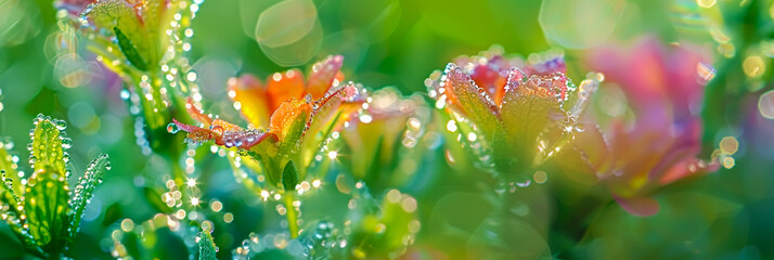 Close-up shot of a bright wildflower glistening in the morning dew.