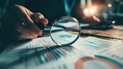 A hand holds a magnifying glass over a document with charts and graphs.