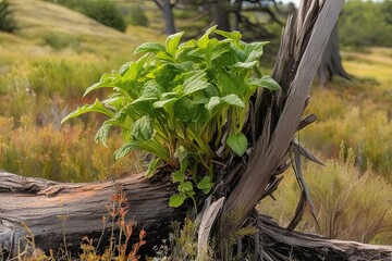 Lively Plant Thriving from the Remains of an Old Tree in a Natural Landscape
