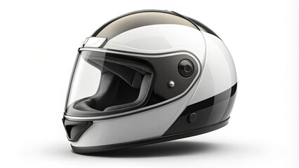 Elegant black and white motorcycle helmet with visor up sits confidently on a crisp white backdrop.