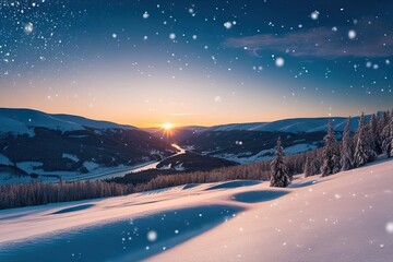 Stunning Winter Landscape with Snowy Valleys, Sparkling Sunset, and Fluttering Snowflakes in a Cobalt Sky