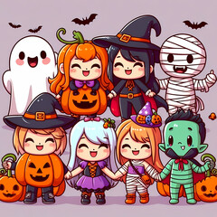 Halloween kids group. Cute cartoon characters. Vector illustration.
