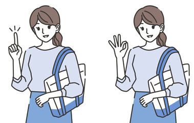 指差しポーズの女性とOKポーズの女性