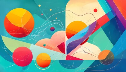 A colorful illustration in a modern art style displays various forms of geometric figures and flowing lines, creating a dynamic and balanced visual effect.