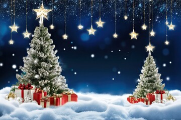 Delightful Winter Backdrop with Sparkling Christmas Tree, Fluffy Snow, and Glimmering Stars for a Cheerful Holiday Celebration