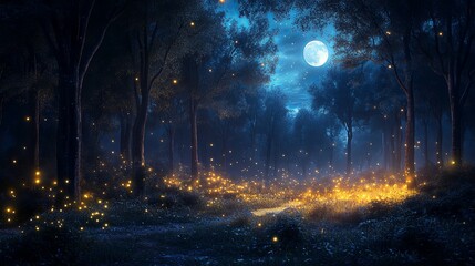 Naklejka premium Enchanted Forest at Night with Fireflies and Full Moon