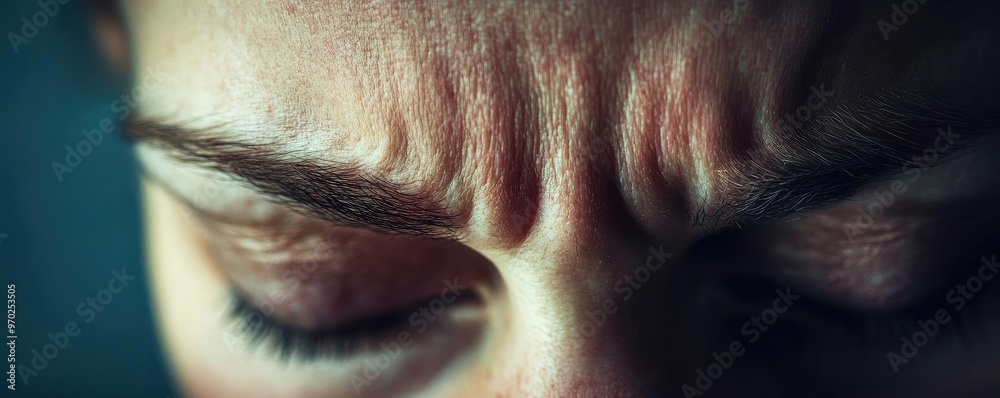 Poster Close-up of a person's forehead showing furrows, capturing emotion and tension in a detailed and intimate manner.