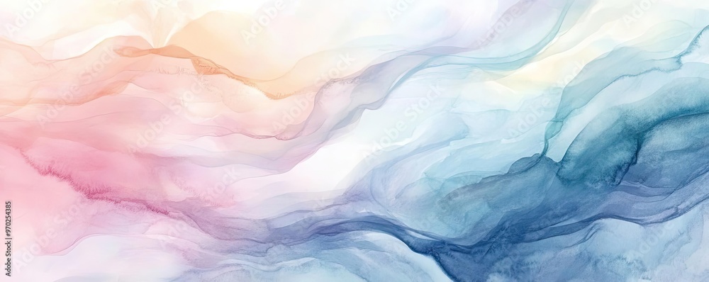 Poster an abstract watercolor design featuring soft pastel colors in flowing waves, perfect for backgrounds