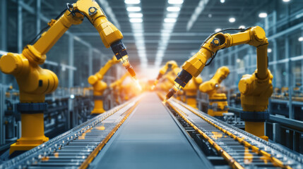 Automated robotic arms working on production line in modern factory, showcasing advanced technology and efficiency in manufacturing processes